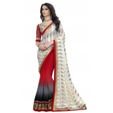 Triveni Spectacular Maroon Colored Border Worked Chiffon Georgette Saree
